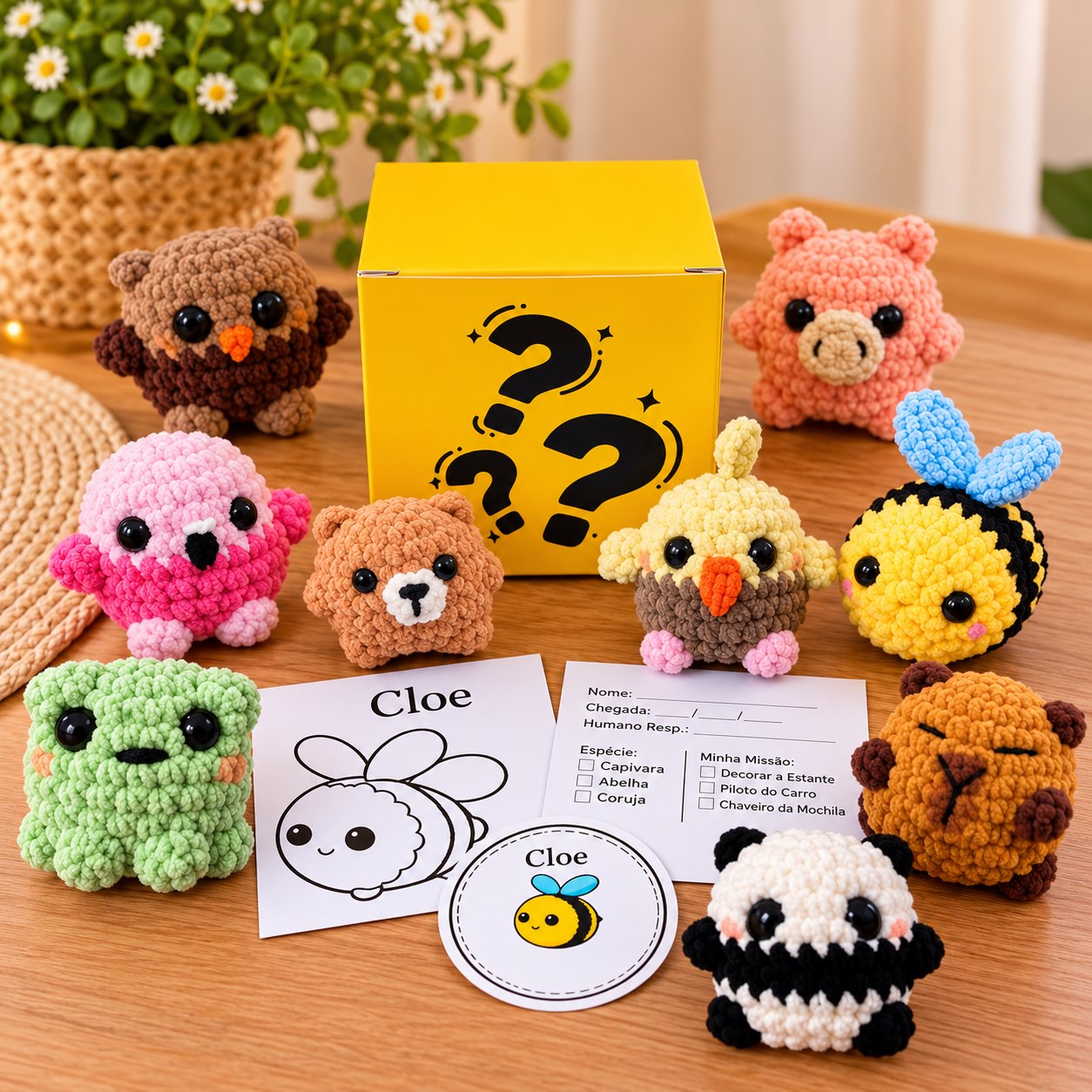Composição de bichinhos em amigurumi com caixa surpresa amarela e papelaria de adoção
