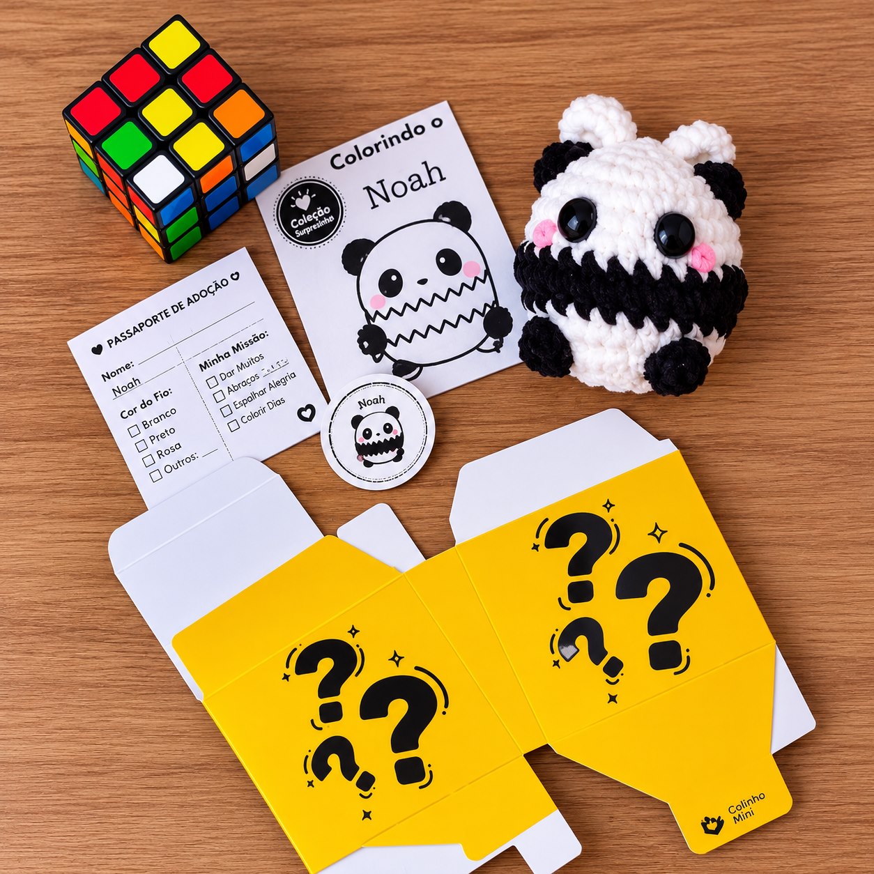 Panda Noah com molde da caixa surpresa amarela, livreto para colorir, adesivo e passaporte de adoção