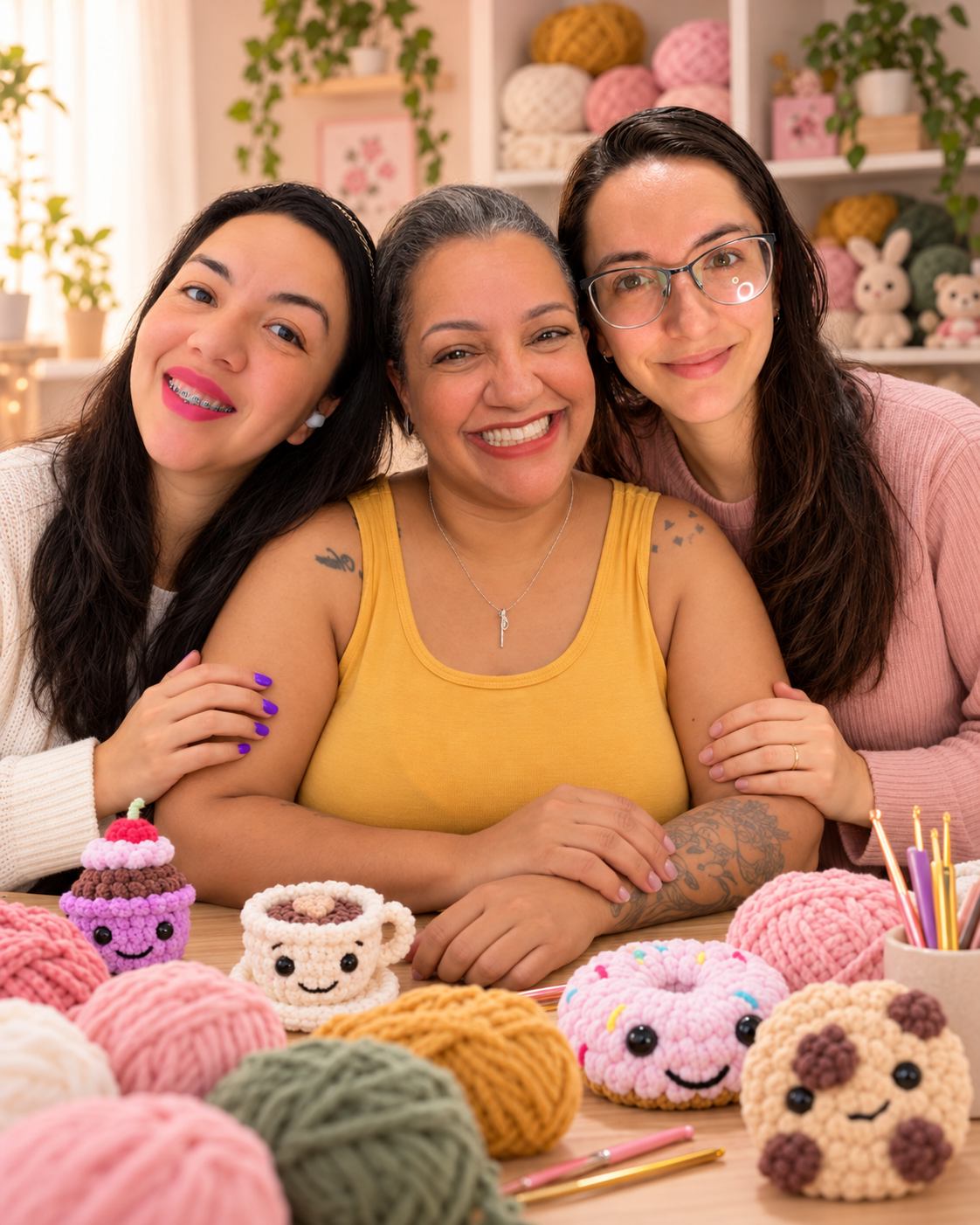 Roh, Tai e Tati, sócias do Fio & Foco, juntas no ateliê de crochê