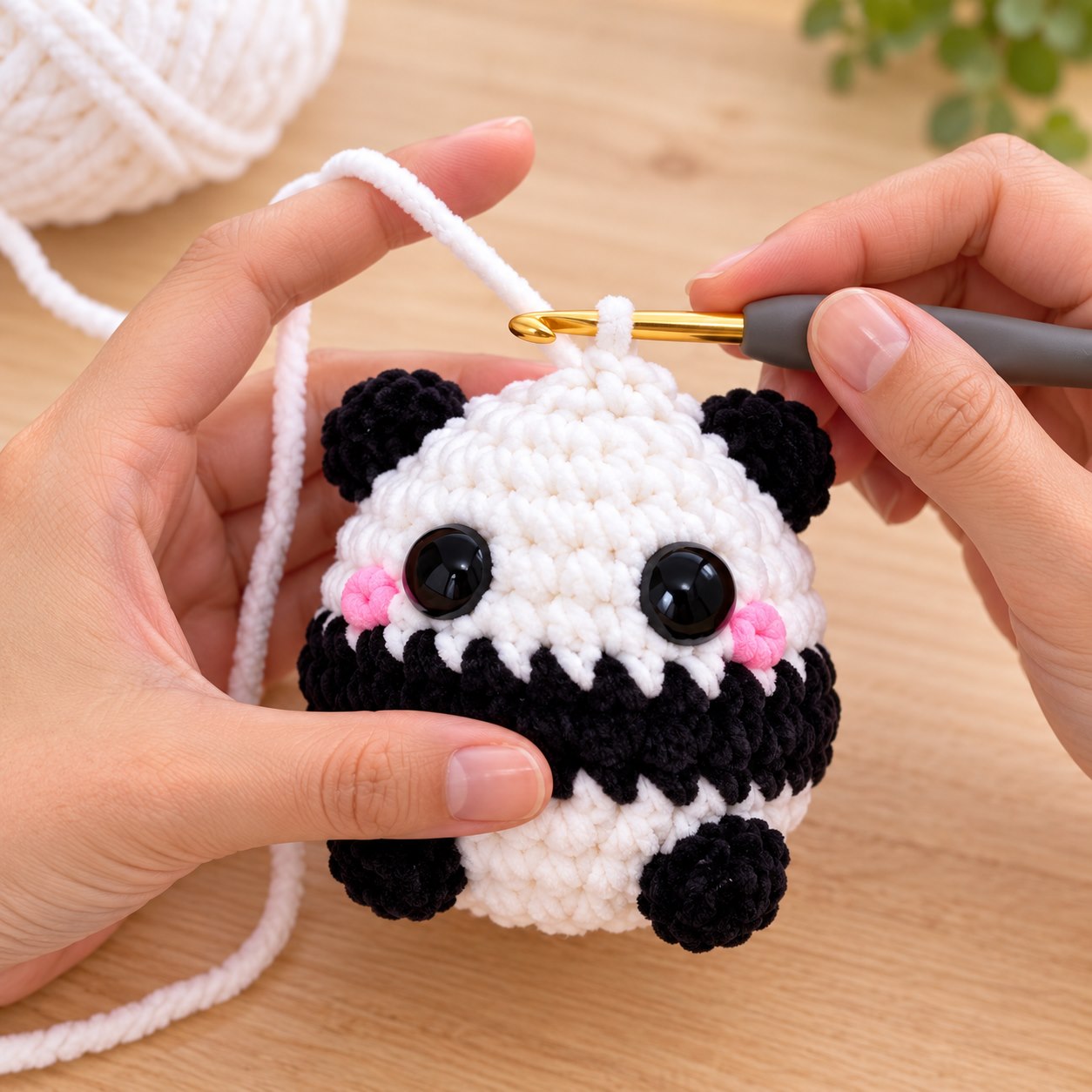 Cena ilustrativa de mãos trabalhando com agulha de crochê em um panda de chenille
