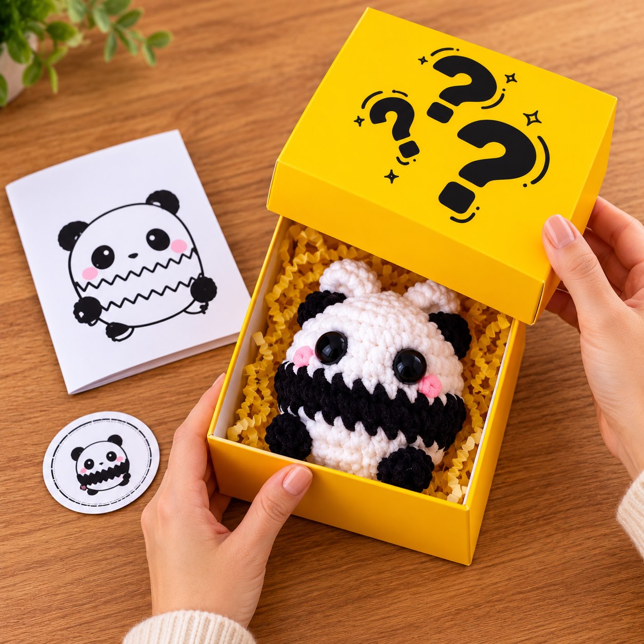 Simulação de abertura de caixa surpresa amarela com Panda Noah e papelaria