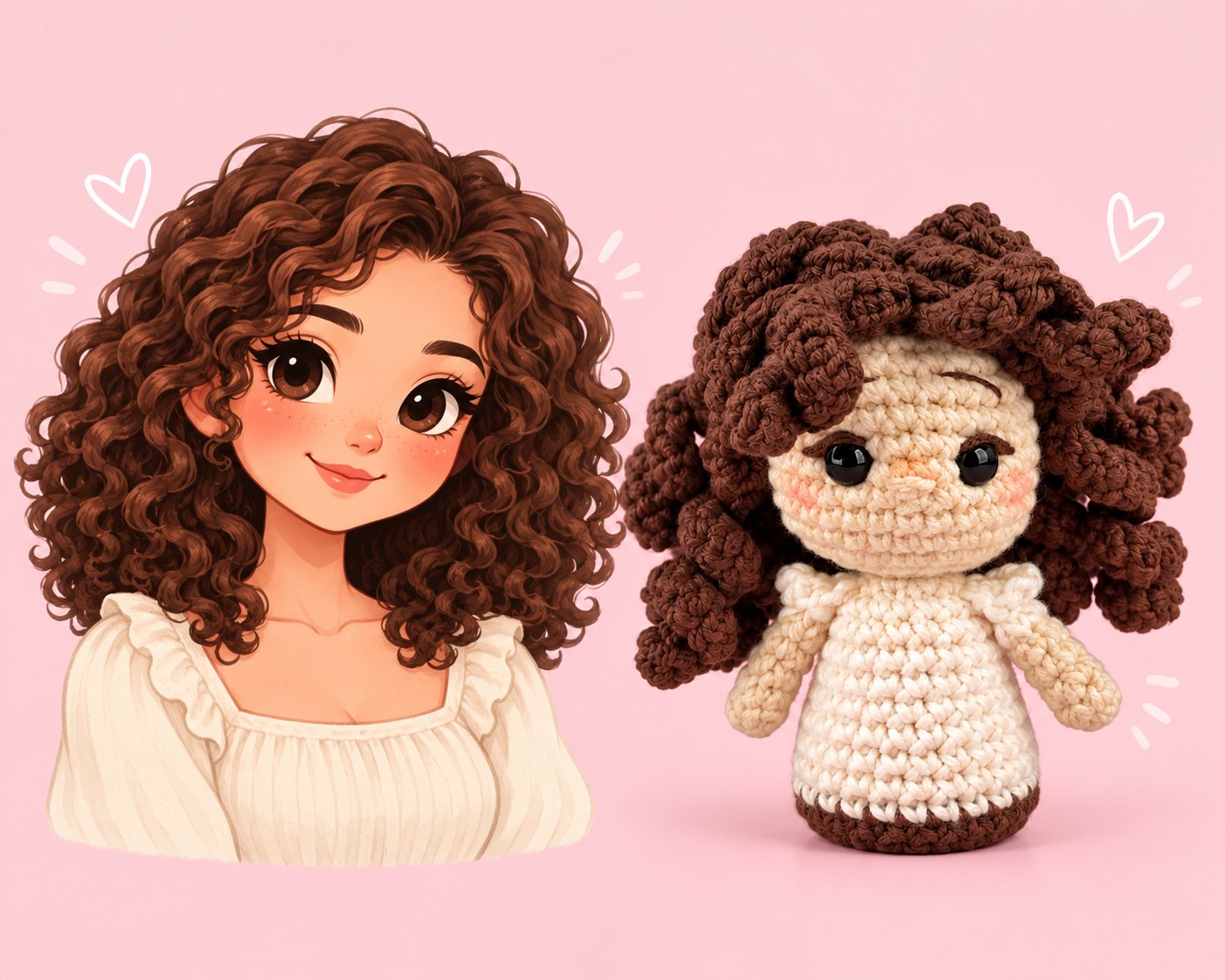 Exemplo conceitual de personalização: mulher desenhada e boneca de crochê com cabelo cacheado