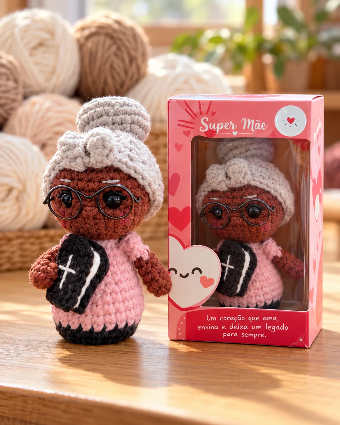 Boneca de amigurumi Mãe Vó, com óculos e Bíblia, em três fotos, uma delas ao lado da embalagem personalizada